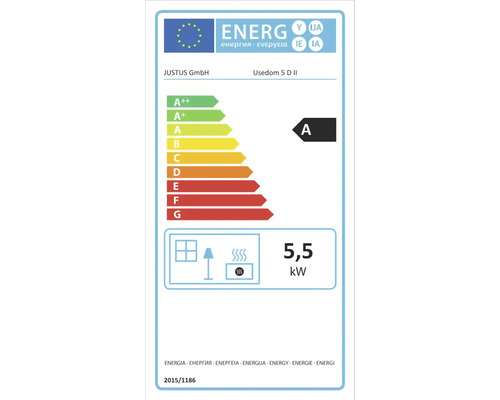 Europäisches Energielabel für Justus Usedom 5 D II, Energieeffizienzklasse A, Wärmeleistung 5,5 Kilowatt.