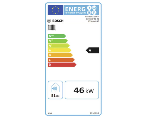Bosch Logo, EU-Energieeffizienzlabel für Heizgeräte, Energieklasse A, 46 Kilowatt Nennwärmeleistung, 51 Dezibel Schallleistungspegel.