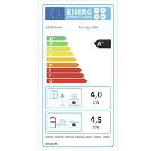 EU-Energielabel für JUSTUS Faro Aqua 2.0 II, Energieeffizienzklasse A plus, direkte Wärmeleistung 4,0 Kilowatt, indirekte 4,5 Kilowatt.