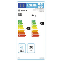 Bosch Logo. EU-Energielabel für Condens 9000i WM. Klasse A für Heizung und Warmwasser Lastprofil XL. 20 Kilowatt, 42 Dezibel.