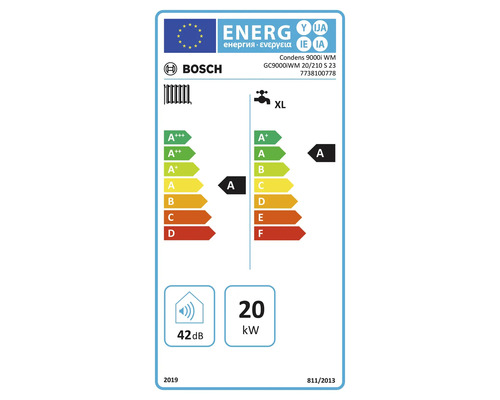 Bosch Logo. EU-Energielabel für Condens 9000i WM. Klasse A für Heizung und Warmwasser Lastprofil XL. 20 Kilowatt, 42 Dezibel.