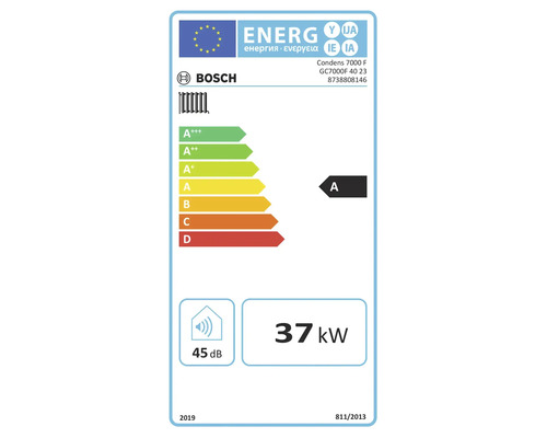 EU-Energielabel mit Bosch Logo für Condens 7000 F, Energieeffizienzklasse A, Wärmeleistung 37 Kilowatt, Schalleistungspegel 45 Dezibel.