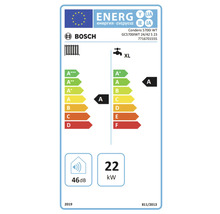 Bosch Logo. Energielabel für Condens 5700i WT mit Heizklasse A, Warmwasserklasse A, Lastprofil XL, 22 Kilowatt und 46 Dezibel.