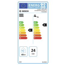 Energielabel Bosch Gas-Brennwertgerät Condens 5300i WMA. Heizung Klasse A, Warmwasser Klasse A, 49 Dezibel, 24 Kilowatt.