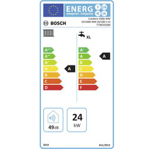 Bosch Logo. EU-Energielabel Bosch Condens 5300i WM. Effizienzklasse Heizung A, Warmwasser A (Profil XL). 49 Dezibel, 24 Kilowatt.