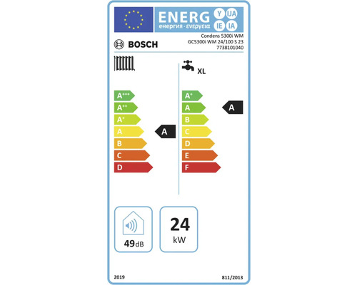 Bosch Logo. EU-Energielabel Bosch Condens 5300i WM. Effizienzklasse Heizung A, Warmwasser A (Profil XL). 49 Dezibel, 24 Kilowatt.