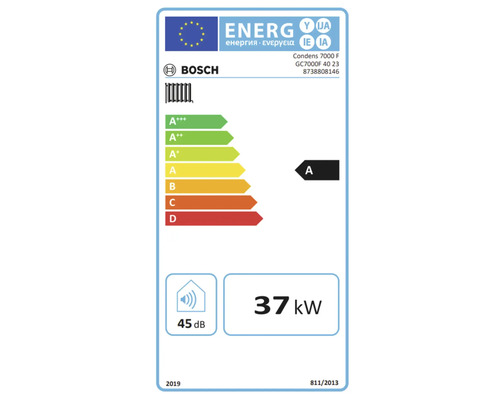 Bosch Logo, Europäisches Energielabel Bosch Condens 7000 F, Energieeffizienzklasse A, Leistung 37 Kilowatt, Schallleistungspegel 45 Dezibel.