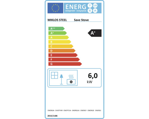 EU-Energielabel für MIKLOS STEEL Save Stove, Energieeffizienzklasse A plus, Wärmeleistung 6,0 Kilowatt.