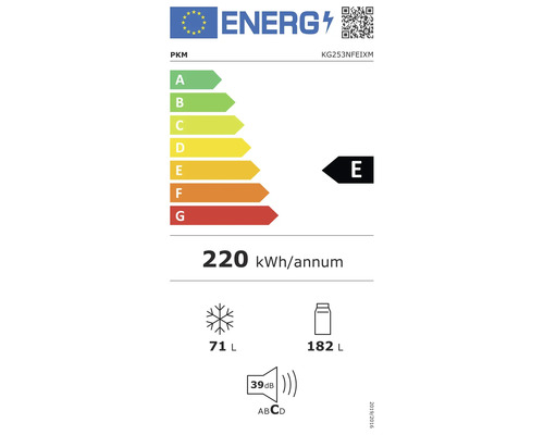 Europäisches Energielabel für PKM KG253NFEIXM, Klasse E, 220 Kilowattstunden pro Jahr, 71 Liter Gefrierfach, 182 Liter Kühlfach, 39 Dezibel.