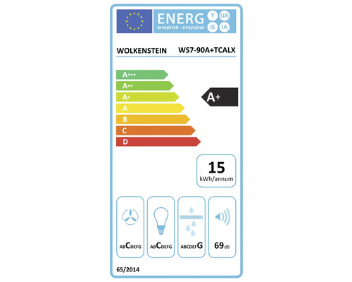 EU-Energielabel für Wolkenstein WS7-90A plus TCALX, Energieeffizienzklasse A plus, 15 Kilowattstunden pro Jahr, Geräuschpegel 69 Dezibel.
