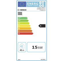 Bosch Energielabel für Heizgeräte, Energieeffizienzklasse A, Wärmeleistung 15 Kilowatt, Geräuschpegel 45 Dezibel.