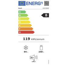 Bosch Energielabel für KGE398IBP: Klasse B, 119 Kilowattstunden pro Jahr, Gefrierfach 94 Liter, Kühlfach 249 Liter, 38 Dezibel, Geräuschklasse C.