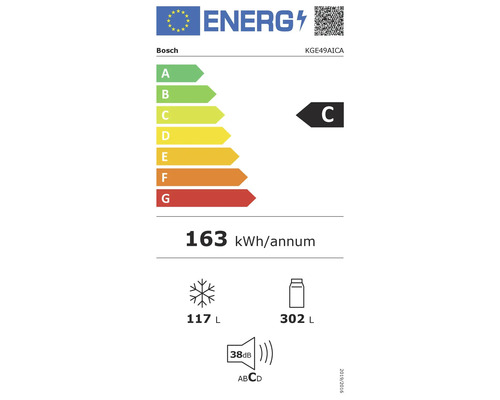 Bosch KGE49AICA Energielabel, Effizienzklasse C, 163 Kilowattstunden pro Jahr, Gefrieren 117 Liter, Kühlen 302 Liter, 38 Dezibel, Geräuschklasse C.