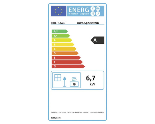 Energielabel für FIREPLACE Kaminofen JAVA Speckstein mit Energieeffizienzklasse A und einer Wärmeleistung von 6,7 Kilowatt.
