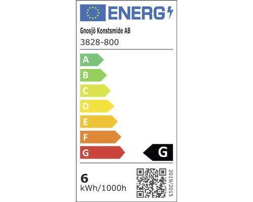 Europäisches Energielabel für Gnosjö Konstsmide AB 3828-800, Energieeffizienzklasse G, 6 Kilowattstunden pro 1000 Stunden.