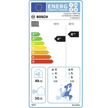 Bosch Logo. EU-Energielabel Wärmepumpe Compress 7400i AW, Effizienzklasse A plus plus bei 55 Grad und A plus plus plus bei 35 Grad.
