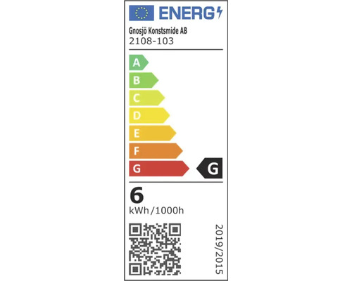 EU-Energielabel für Gnosjö Konstsmide AB 2108-103, Energieeffizienzklasse G, Energieverbrauch 6 Kilowattstunden pro 1000 Stunden.