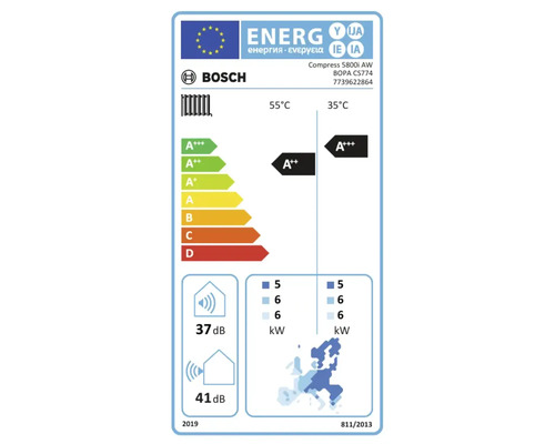 Bosch Logo. EU-Energielabel für Wärmepumpe Compress 5800i AW. Effizienzklasse A plus plus plus bei 35 Grad und A plus plus bei 55 Grad.