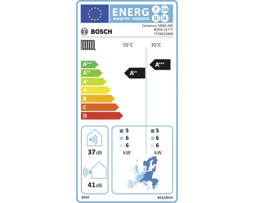 Bosch Logo. EU-Energielabel für Wärmepumpe Compress 5800i AW. Energieeffizienzklasse A plus plus plus bei 35 Grad und A plus plus bei 55 Grad.