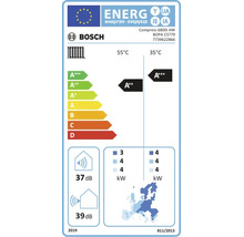 Bosch Energielabel für Wärmepumpe mit Energieeffizienzklasse A plus plus bei 55 Grad Celsius und A plus plus plus bei 35 Grad Celsius.