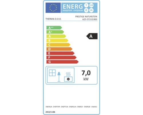 EU Energielabel für Thermia Prestige Naturstein mit Energieeffizienzklasse A und einer Wärmeleistung von 7,0 Kilowatt.