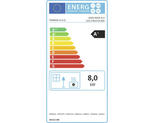 Europäisches Energielabel für Thermia D.O.O. IGNIS MASS R-0 mit Energieeffizienzklasse A plus und einer Wärmeleistung von 8,0 Kilowatt.