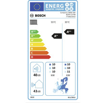 Bosch Logo. Energieetikett Bosch Compress 5800i AW. Klasse A++ bei 55 Grad Celsius, A+++ bei 35 Grad Celsius. Schallleistung 40 und 43 Dezibel.