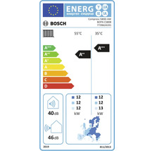 Bosch Logo. EU-Energielabel für Wärmepumpe Compress 5800i AW. Klasse A plus plus plus bei 35 Grad, A plus plus bei 55 Grad. 40 bis 46 Dezibel.