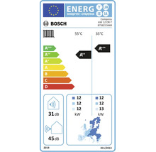 Bosch Logo. Energielabel Compress AW 12 OR-T. Effizienz A plus plus bei 55 Grad, A plus plus plus bei 35 Grad. Lautstärke 31 und 45 Dezibel.
