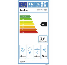 Energielabel Amica DHKI 752 880 C. Energieeffizienzklasse A, 39 Kilowattstunden pro Jahr, Lüfterklasse B, Filterklasse C, 72 Dezibel.