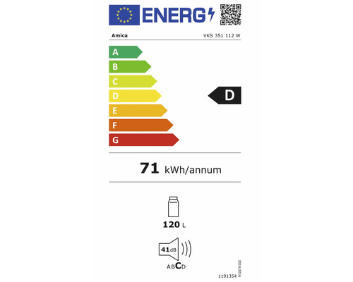 EU-Energielabel für Amica VKS 351 112 W, Energieeffizienzklasse D, 71 Kilowattstunden pro Jahr, 120 Liter Volumen, 41 Dezibel Geräuschemission.