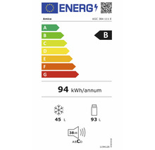 Europäisches Energielabel Amica KGC 384 111 E: Klasse B, 94 Kilowattstunden pro Jahr, Gefrieren 45 Liter, Kühlen 93 Liter, 38 Dezibel.