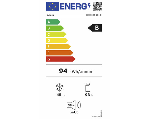 Europäisches Energielabel Amica KGC 384 111 E: Klasse B, 94 Kilowattstunden pro Jahr, Gefrieren 45 Liter, Kühlen 93 Liter, 38 Dezibel.