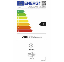 Energielabel Amica Gefriergerät, Klasse E, 200 Kilowattstunden pro Jahr, 199 Liter Gefriervolumen, 39 Dezibel Klasse C.