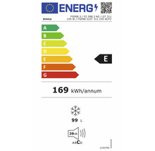 Europäisches Energielabel Amica FS098.3, Energieeffizienzklasse E, 169 Kilowattstunden pro Jahr, 99 Liter Inhalt, 39 Dezibel Geräuschemission Klasse C.