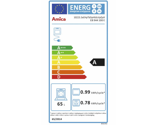 Europäisches Energielabel für Amica Backofen EB 944 100 E, Energieeffizienzklasse A, 65 Liter Volumen, Energieverbrauch 0,99 und 0,78 Kilowattstunden.