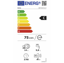 Europäisches Energielabel Amica Geschirrspüler GSP 544 911 E, Klasse C, 75 Kilowattstunden pro 100 Zyklen, 14 Maßgedecke, 9,8 Liter, 44 Dezibel.
