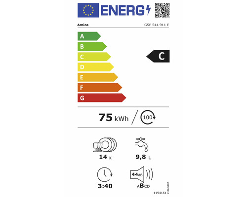 Europäisches Energielabel Amica Geschirrspüler GSP 544 911 E, Klasse C, 75 Kilowattstunden pro 100 Zyklen, 14 Maßgedecke, 9,8 Liter, 44 Dezibel.