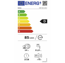 Energielabel Amica Geschirrspüler GSP 544 100 E: Klasse D, 85 Kilowattstunden pro 100 Zyklen, 14 Maßgedecke, 11 Liter Wasser, 47 Dezibel.