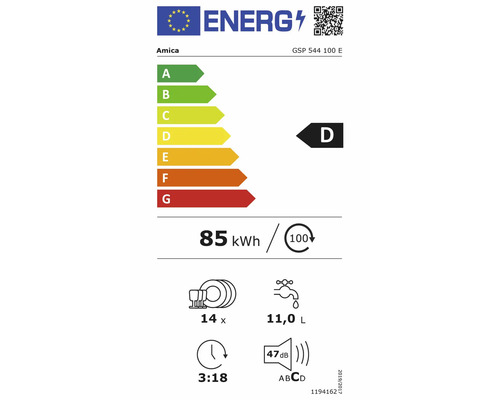 Energielabel Amica Geschirrspüler GSP 544 100 E: Klasse D, 85 Kilowattstunden pro 100 Zyklen, 14 Maßgedecke, 11 Liter Wasser, 47 Dezibel.