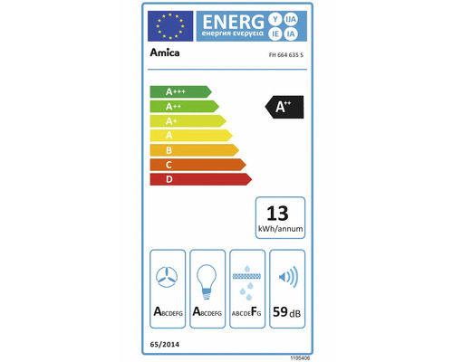 Amica Energieetikett für FH 664 635 S mit Energieeffizienzklasse A plus plus, 13 Kilowattstunden pro Jahr und 59 Dezibel.
