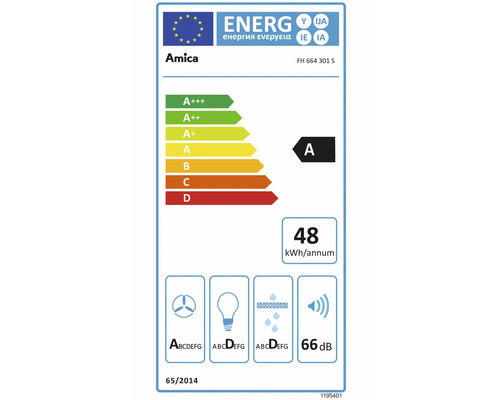 Energielabel Amica FH 664 301 S. Klasse A, 48 Kilowattstunden. Lüftereffizienz A, Lichteffizienz D, Fettfiltereffizienz D, 66 Dezibel.