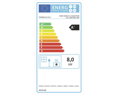 EU-Energieetikett für den Kaminofen Ignis Mass R-1 Kalkstein von Thermia D.O.O. mit Energieeffizienzklasse A plus und 8,0 Kilowatt Leistung.