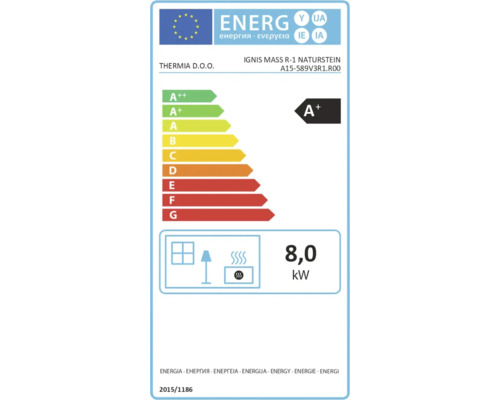Energielabel für Thermia Ignis Mass R-1 Naturstein, Energieeffizienzklasse A plus, 8,0 Kilowatt.