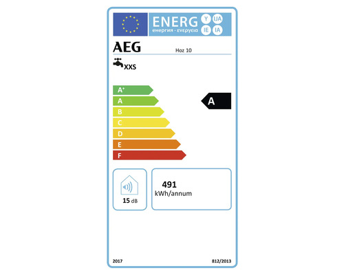 AEG Energieetikett für Hoz 10, Energieeffizienzklasse A, Lastprofil XXS, 491 Kilowattstunden pro Jahr, 15 Dezibel.