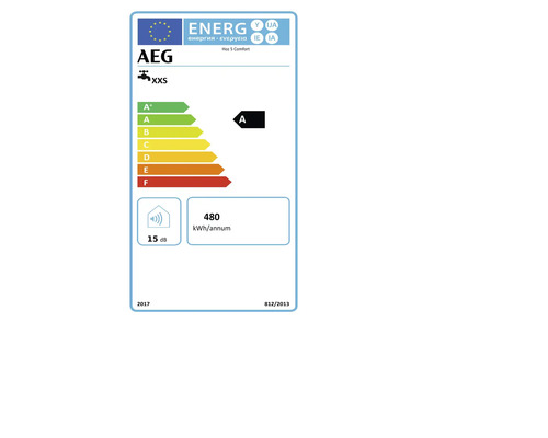 AEG Logo, Energielabel für Hoz 5 Comfort, Energieeffizienzklasse A, Lastprofil XXS, 480 Kilowattstunden pro Jahr, 15 Dezibel.