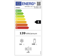 Energielabel der Europäischen Union Energieeffizienzklasse E, 139 Kilowattstunden pro Jahr, 100 Liter Kühlung, 14 Liter Gefrieren, 41 Dezibel.
