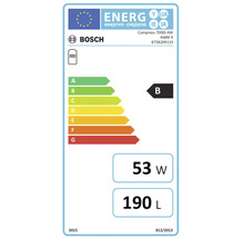 Bosch Logo, Europäisches Energielabel für Bosch Compress 7000i AW AWM 9, Energieeffizienzklasse B, 53 Watt, 190 Liter.