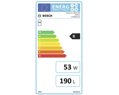Bosch Logo, Europäisches Energielabel für Bosch Compress 7000i AW AWM 9, Energieeffizienzklasse B, 53 Watt, 190 Liter.