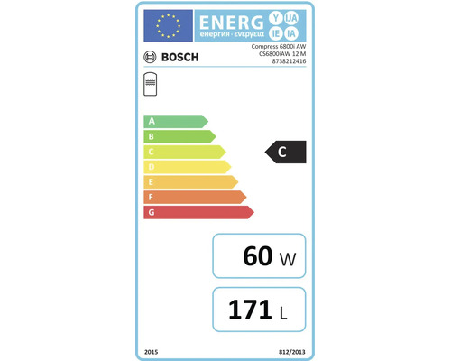 EU-Energielabel für Bosch Compress 6800i AW mit Energieeffizienzklasse C, 60 Watt und 171 Liter Fassungsvermögen.